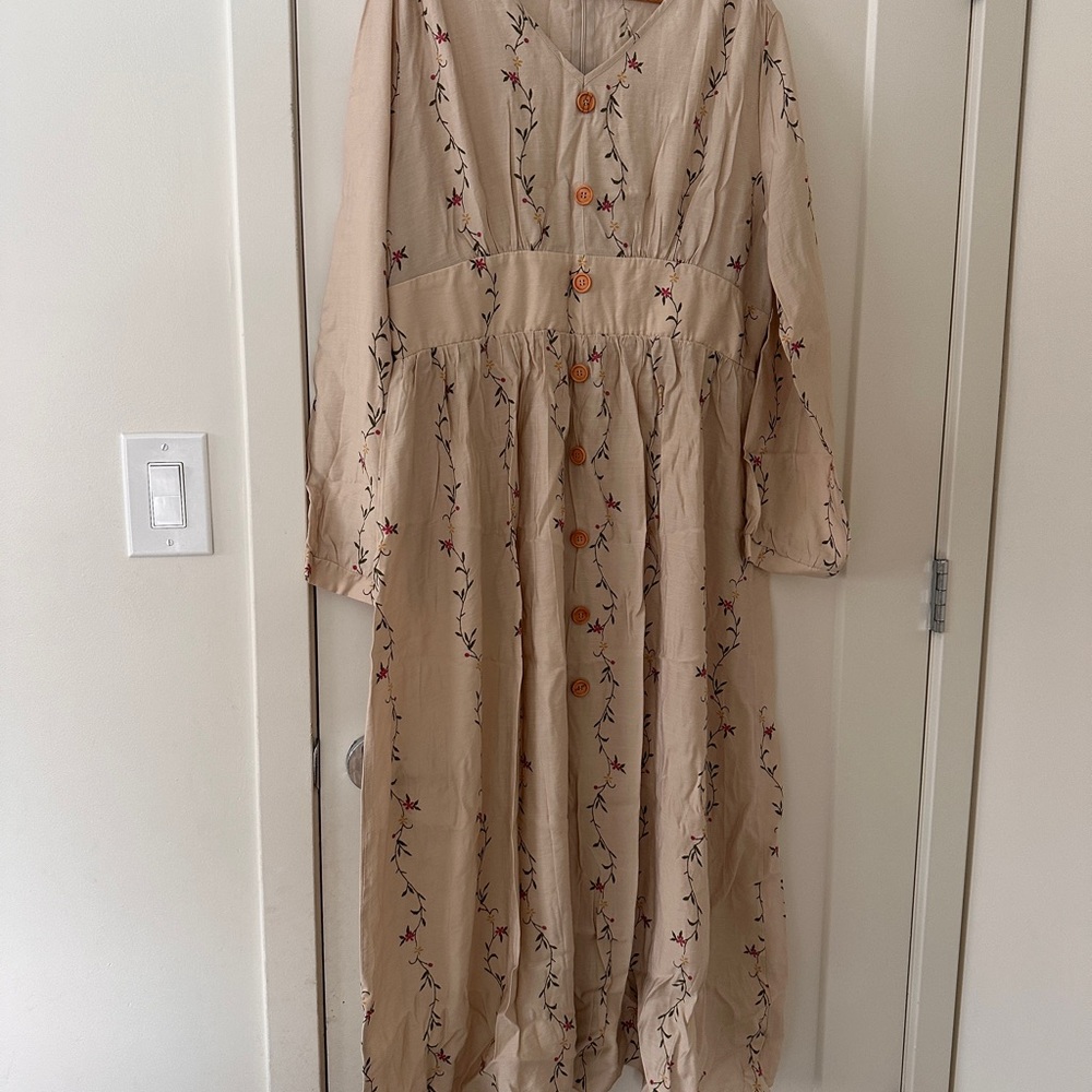 Beige Floral Embroidered Button-Front Midi Dress